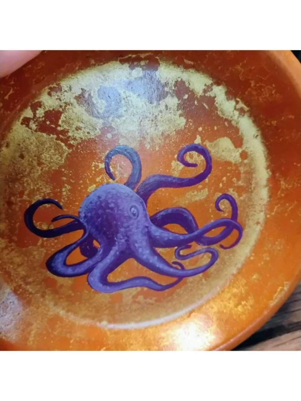 Hand-Painted Terracotta Dish, Purple Octopus, Gold Accents, 6